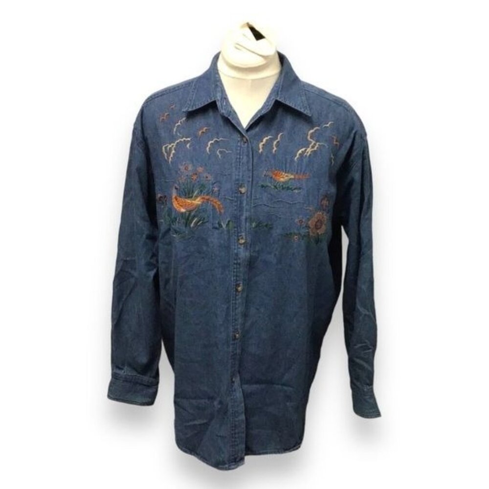 Bushwacker Vintage Women’s Long Sleeve Button Down Denim Embroidered Shirt